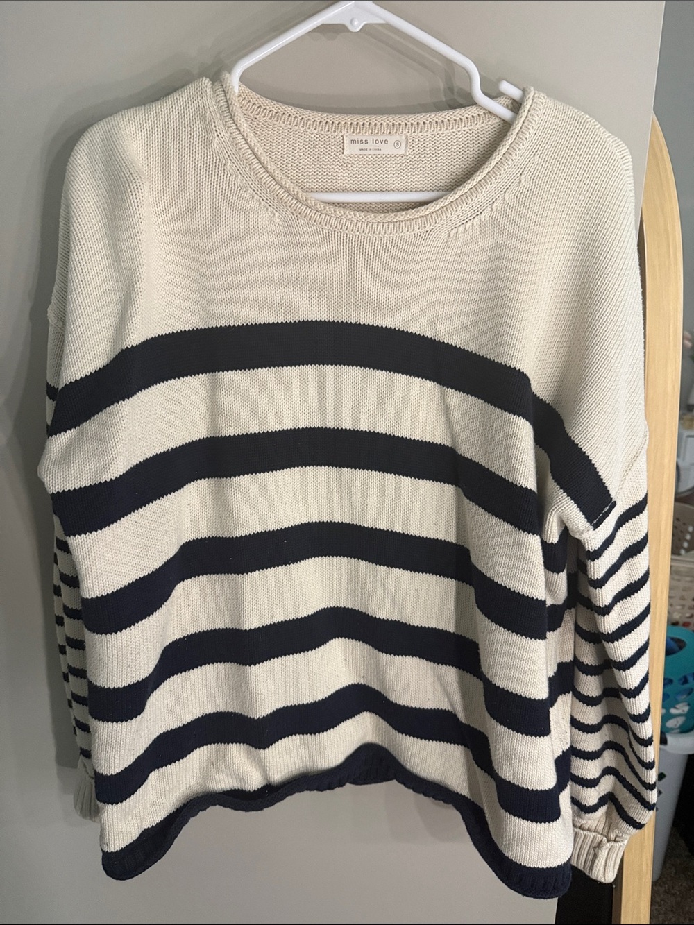 Miss Love Cream & Navy Striped Crewneck Sweater